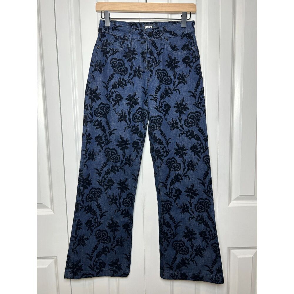 PAIGE Leenah Ankle Jeans Blue Damask Floral Flocking Wide Leg Size 25